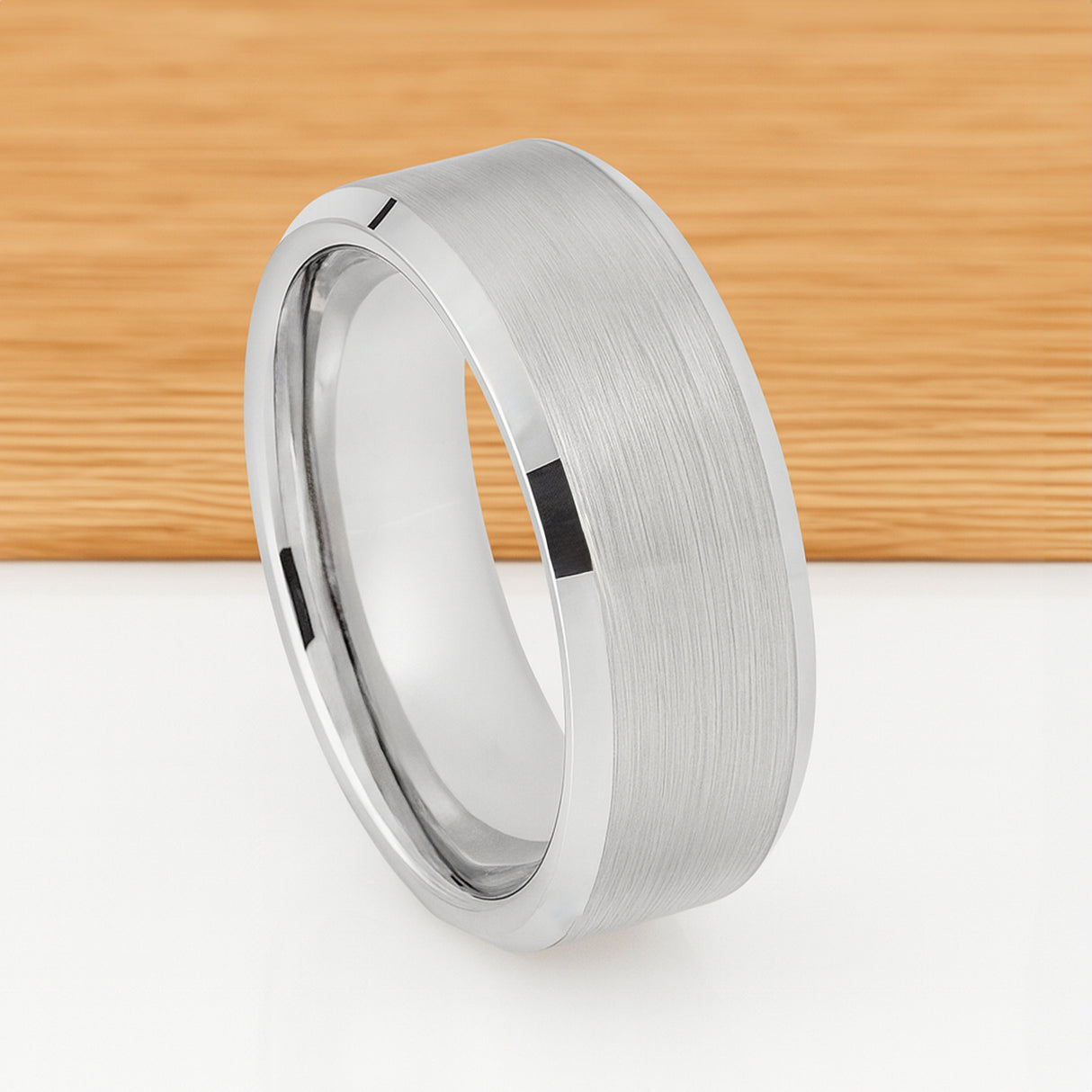White Silver Platinum-Like Finish Tungsten Carbide Wedding Ring Brushed Center -8MM