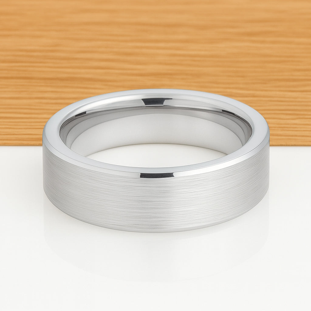 White Silver Platinum-Like Finish Tungsten Carbide Wedding Ring Brushed Center -8MM
