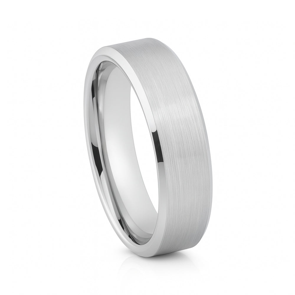 White Silver Platinum-Like Finish Tungsten Carbide Wedding Ring Brushed Center
