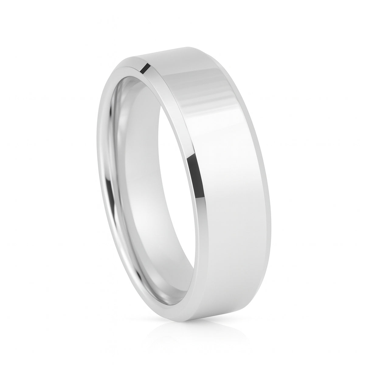 White Silver Platinum-Like Finish Tungsten Carbide Ring Polished Finish Beveled Edges - 8mm