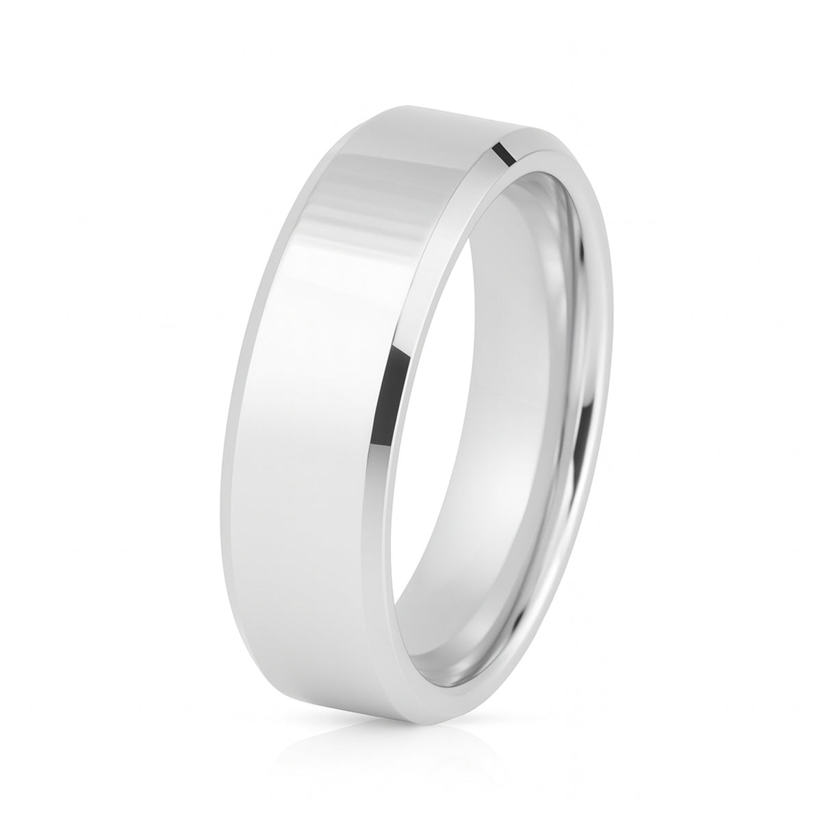 White Silver Platinum-Like Finish Tungsten Carbide Ring Polished Finish Beveled Edges - 8mm