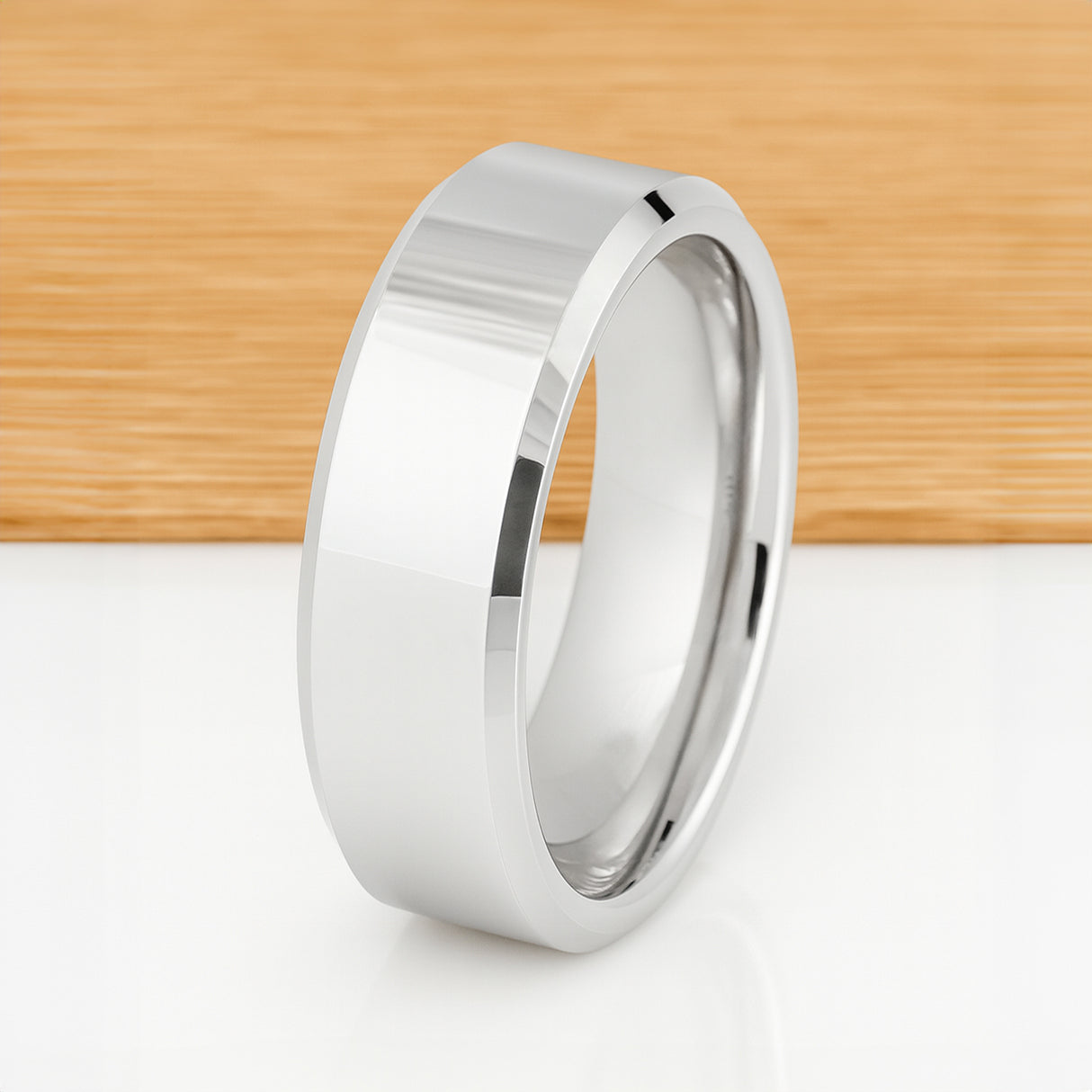 White Silver Platinum-Like Finish Tungsten Carbide Ring Polished Finish Beveled Edges - 8mm