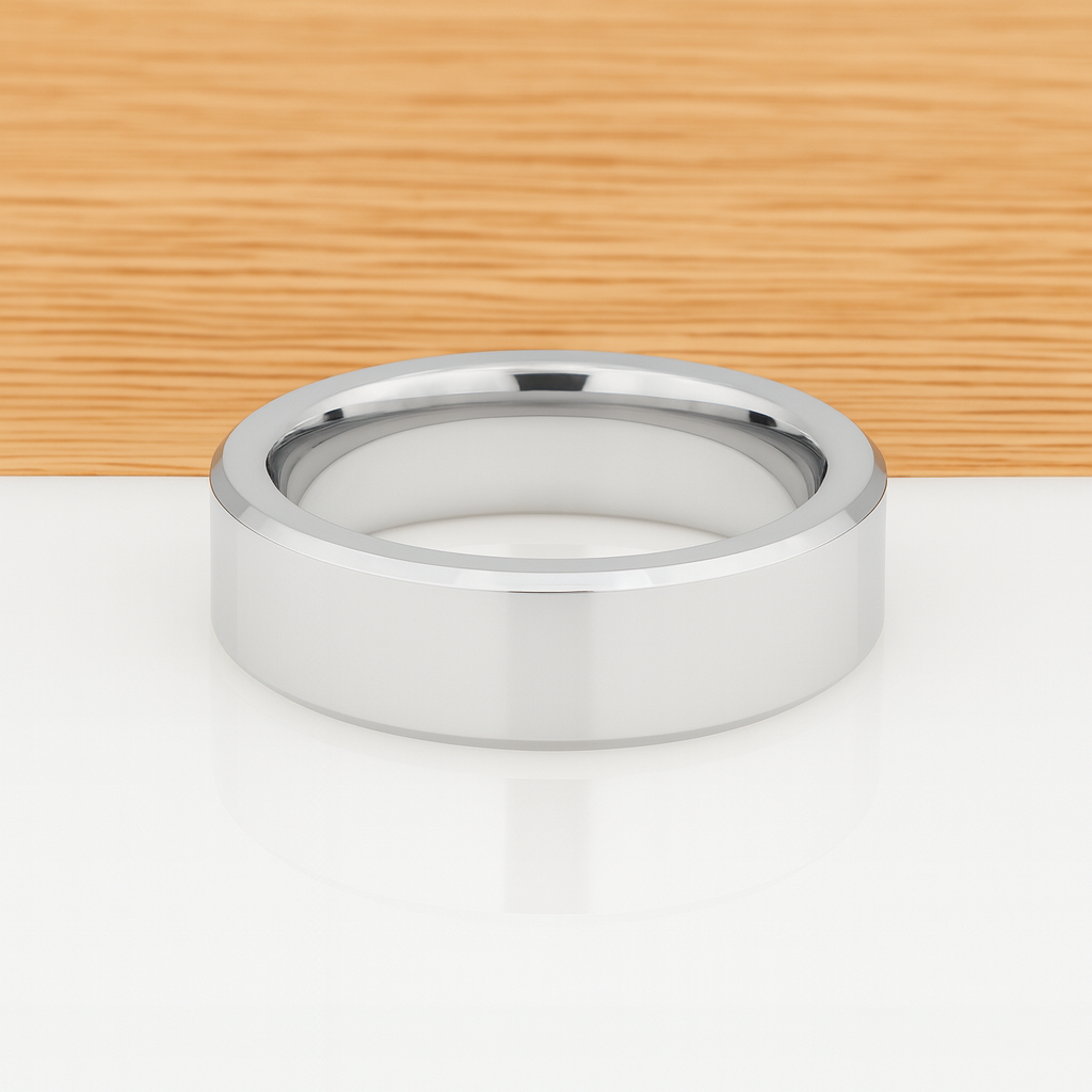 White Silver Platinum-Like Finish Tungsten Carbide Ring Polished Finish Beveled Edges - 8mm