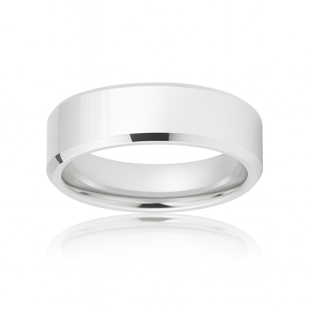 White Silver Platinum-Like Finish Tungsten Carbide Ring Polished Finish Beveled Edges - 8mm