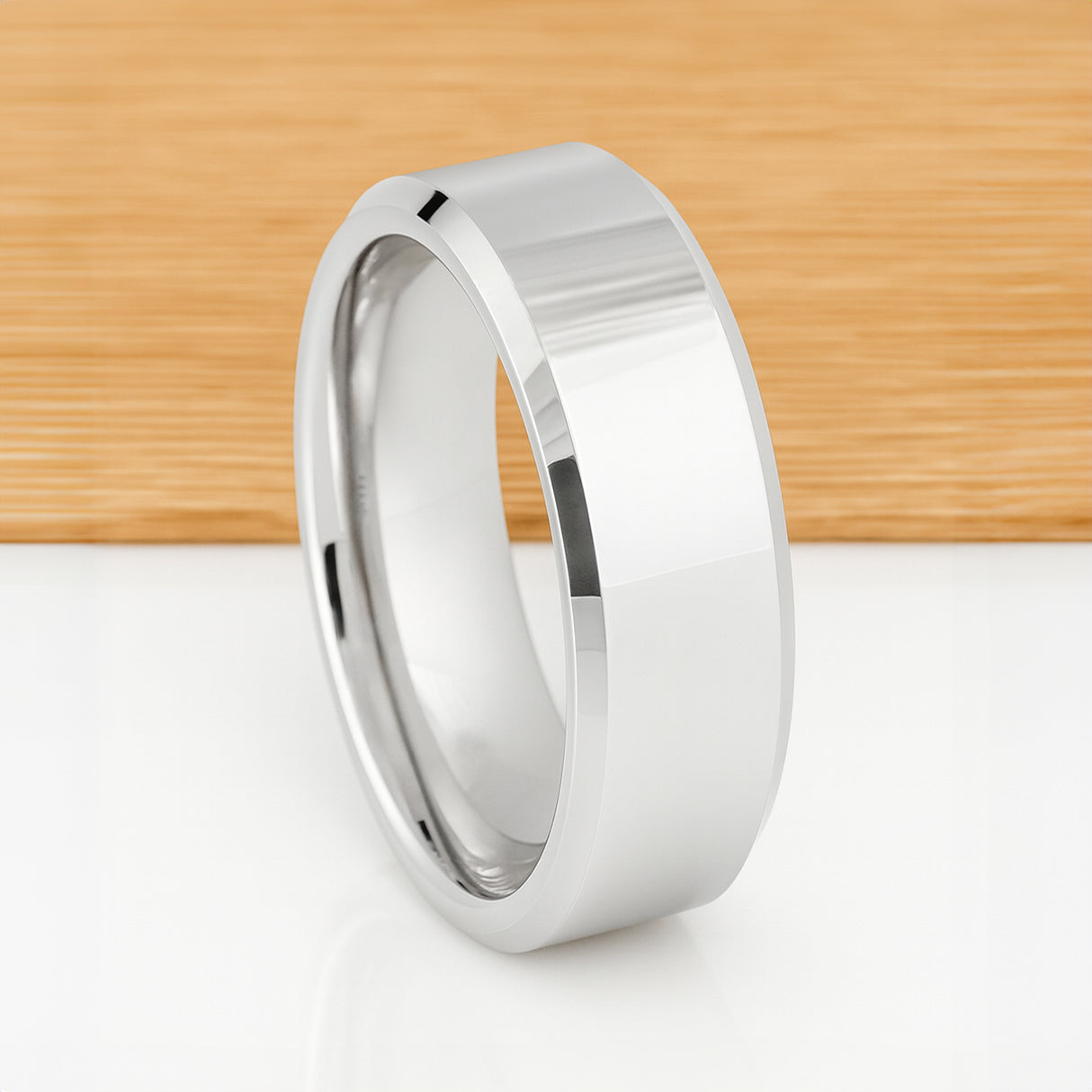 White Silver Platinum-Like Finish Tungsten Carbide Ring Polished Finish Beveled Edges - 8mm