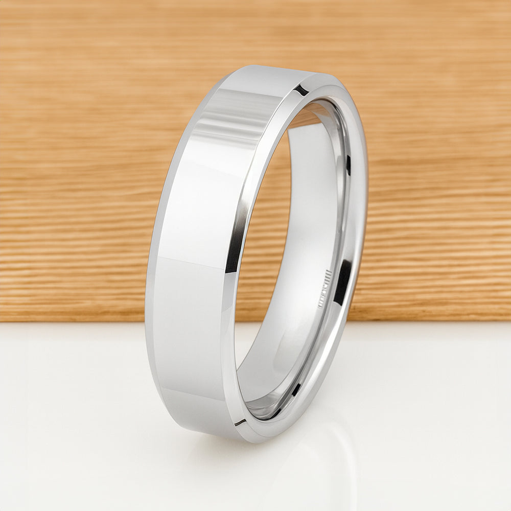 White Silver Platinum-Like Finish Tungsten Carbide Ring Polished Finish Beveled Edges - 6mm