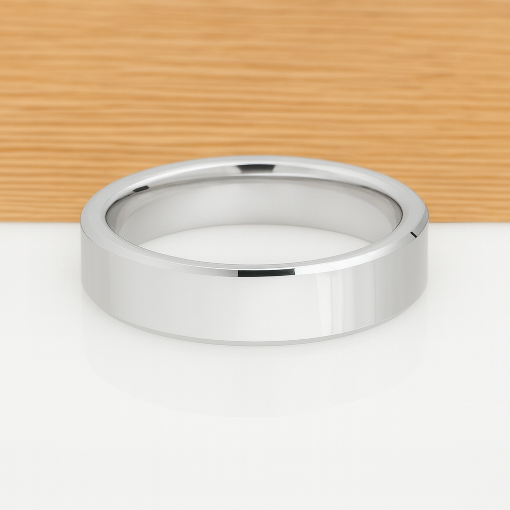 White Silver Platinum-Like Finish Tungsten Carbide Ring Polished Finish Beveled Edges - 6mm