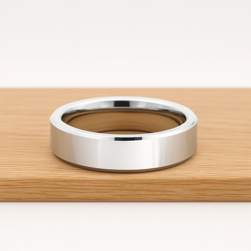 White Silver Platinum-Like Finish Tungsten Carbide Ring Polished Finish Beveled Edges - 6mm