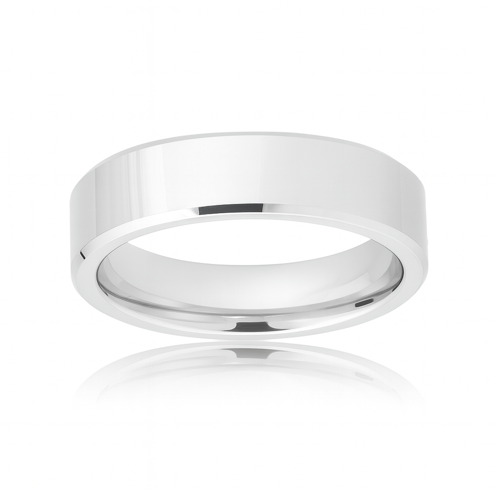 White Silver Platinum-Like Finish Tungsten Carbide Ring Polished Finish Beveled Edges - 6mm