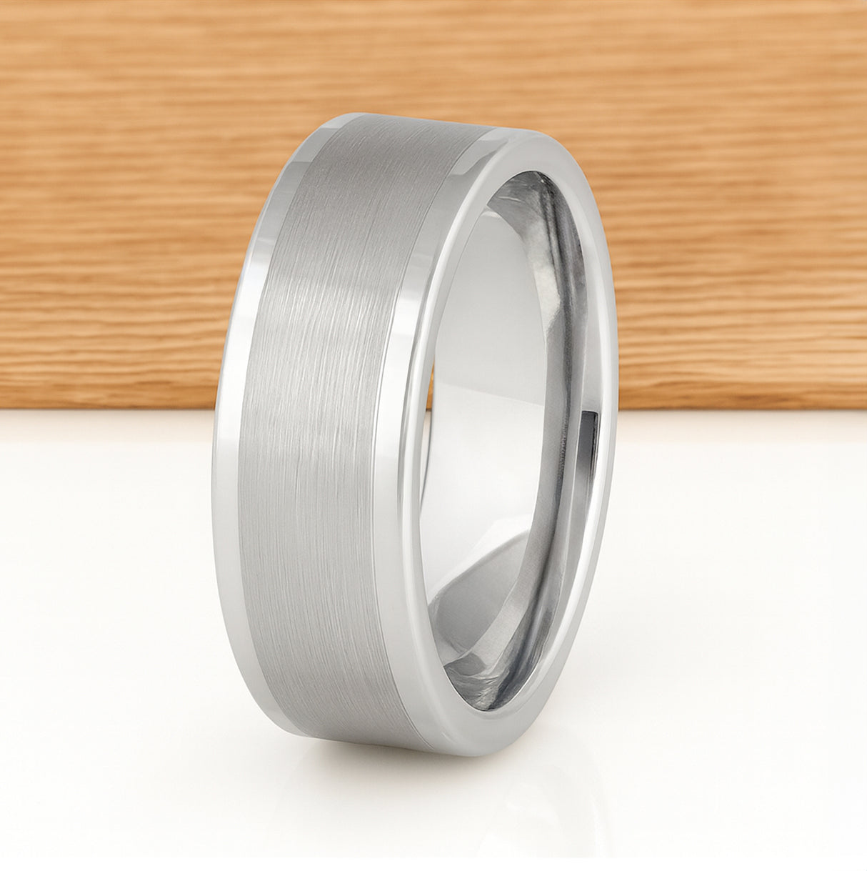 White Silver Platinum-Like Finish Tungsten Brushed Center Ring With Polished Raised Edges - 8mm