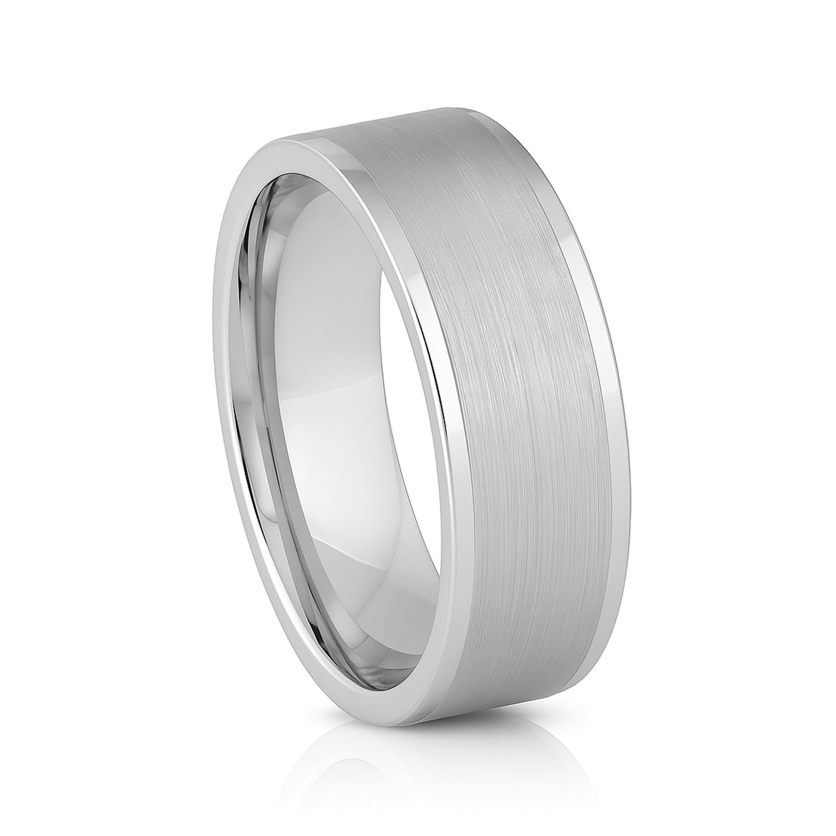 White Silver Platinum-Like Finish Tungsten Brushed Center Ring With Polished Raised Edges - 8mm
