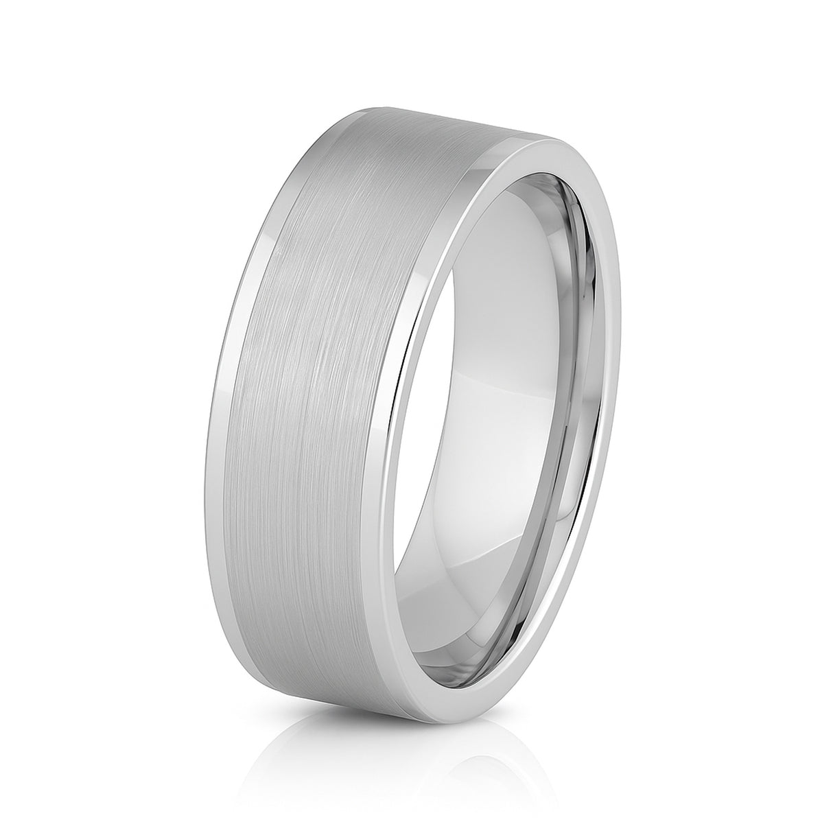White Silver Platinum-Like Finish Tungsten Brushed Center Ring With Polished Raised Edges - 8mm