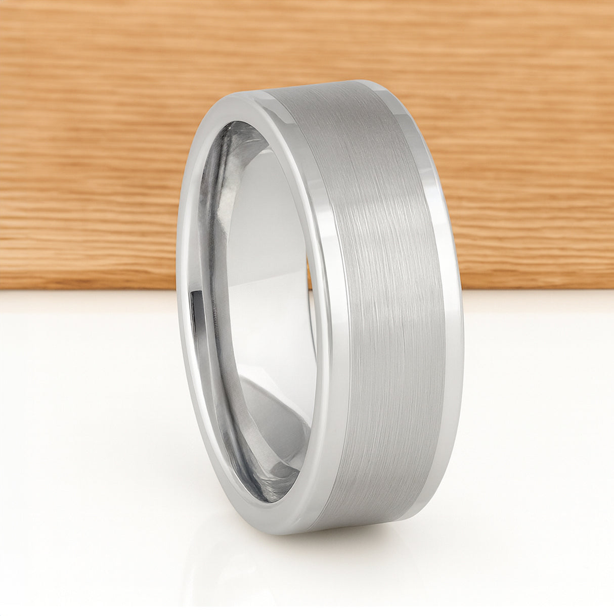 White Silver Platinum-Like Finish Tungsten Brushed Center Ring With Polished Raised Edges - 8mm