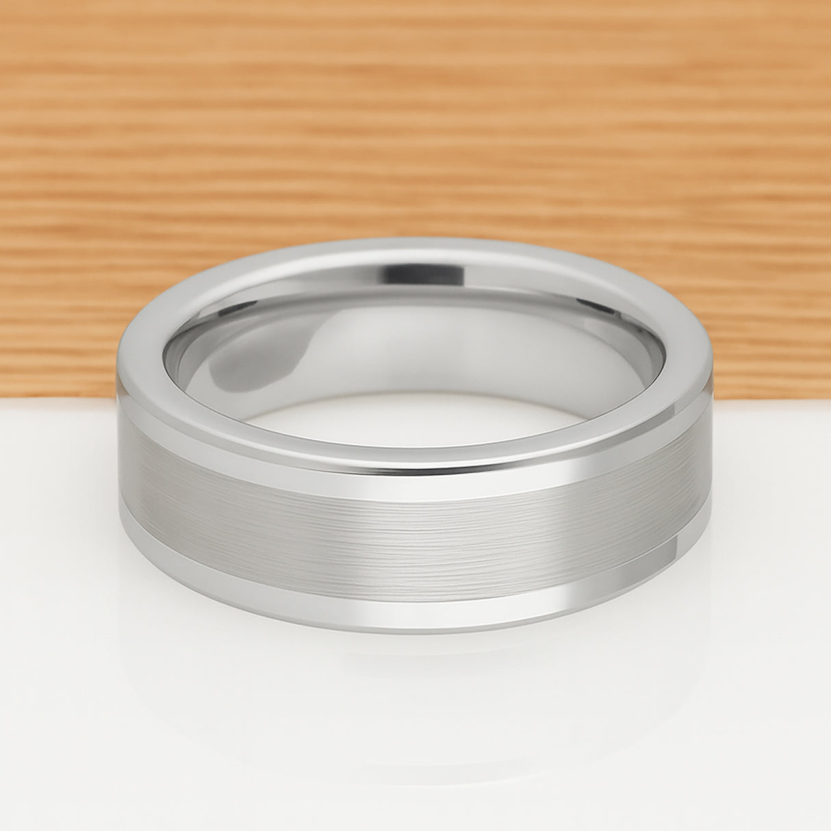 White Silver Platinum-Like Finish Tungsten Brushed Center Ring With Polished Raised Edges - 8mm