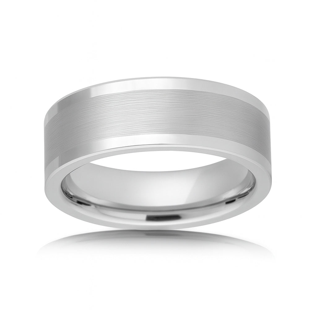 White Silver Platinum-Like Finish Tungsten Brushed Center Ring With Polished Raised Edges - 8mm