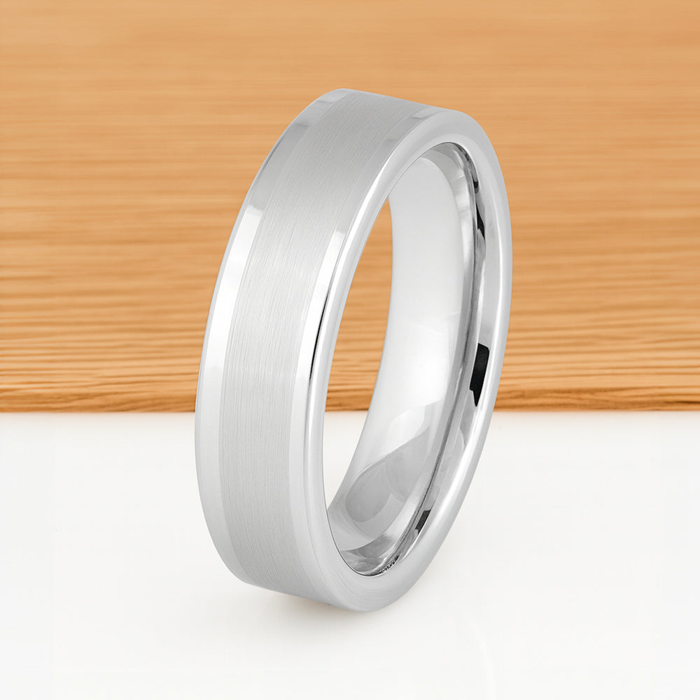 White Silver Platinum-Like Finish Tungsten Brushed Center Ring With Polished  Edges - 6mm