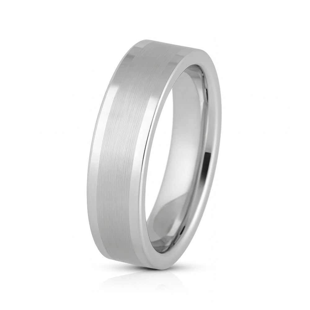 White Silver Platinum-Like Finish Tungsten Brushed Center Ring With Polished  Edges - 6mm