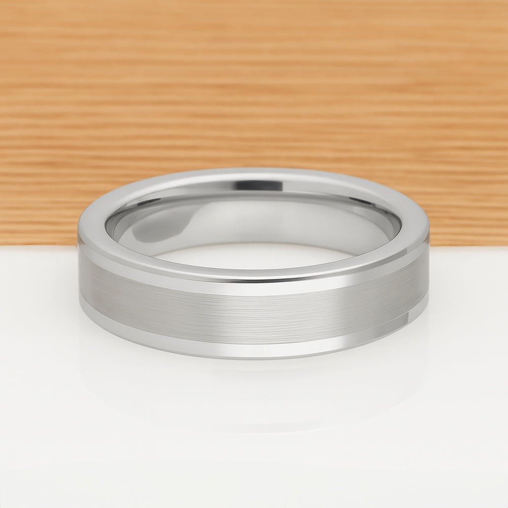 White Silver Platinum-Like Finish Tungsten Brushed Center Ring With Polished  Edges - 6mm