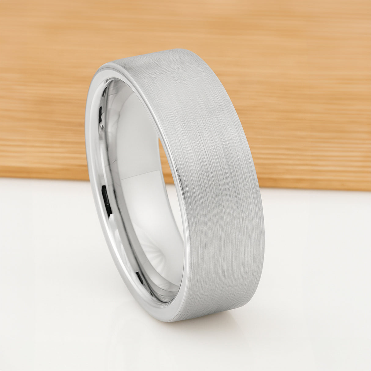 White Silver Platinum-Like Finish Tungsten Brushed Center Ring With Polished Edges - 8mm