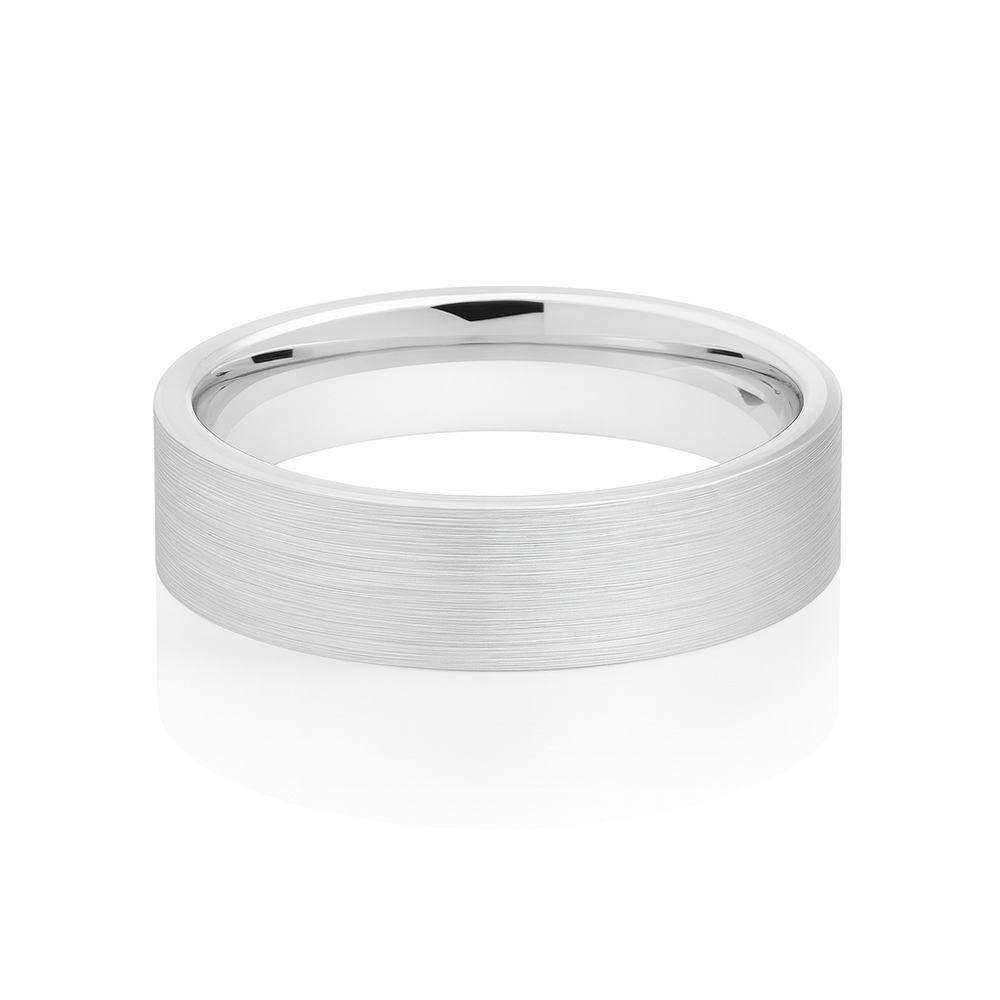 White Silver Platinum-Like Finish Tungsten Brushed Center Ring With Polished Edges - 6mm