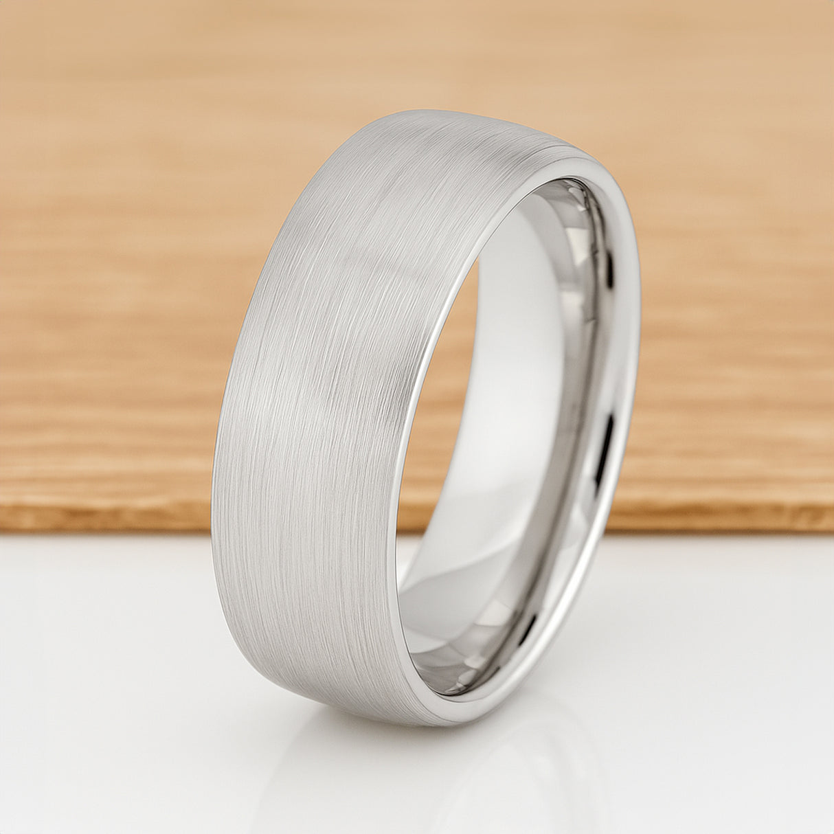 White Silver Platinum-Like FinishTungsten Brushed Center Ring Domed With Polished Edges - 8mm