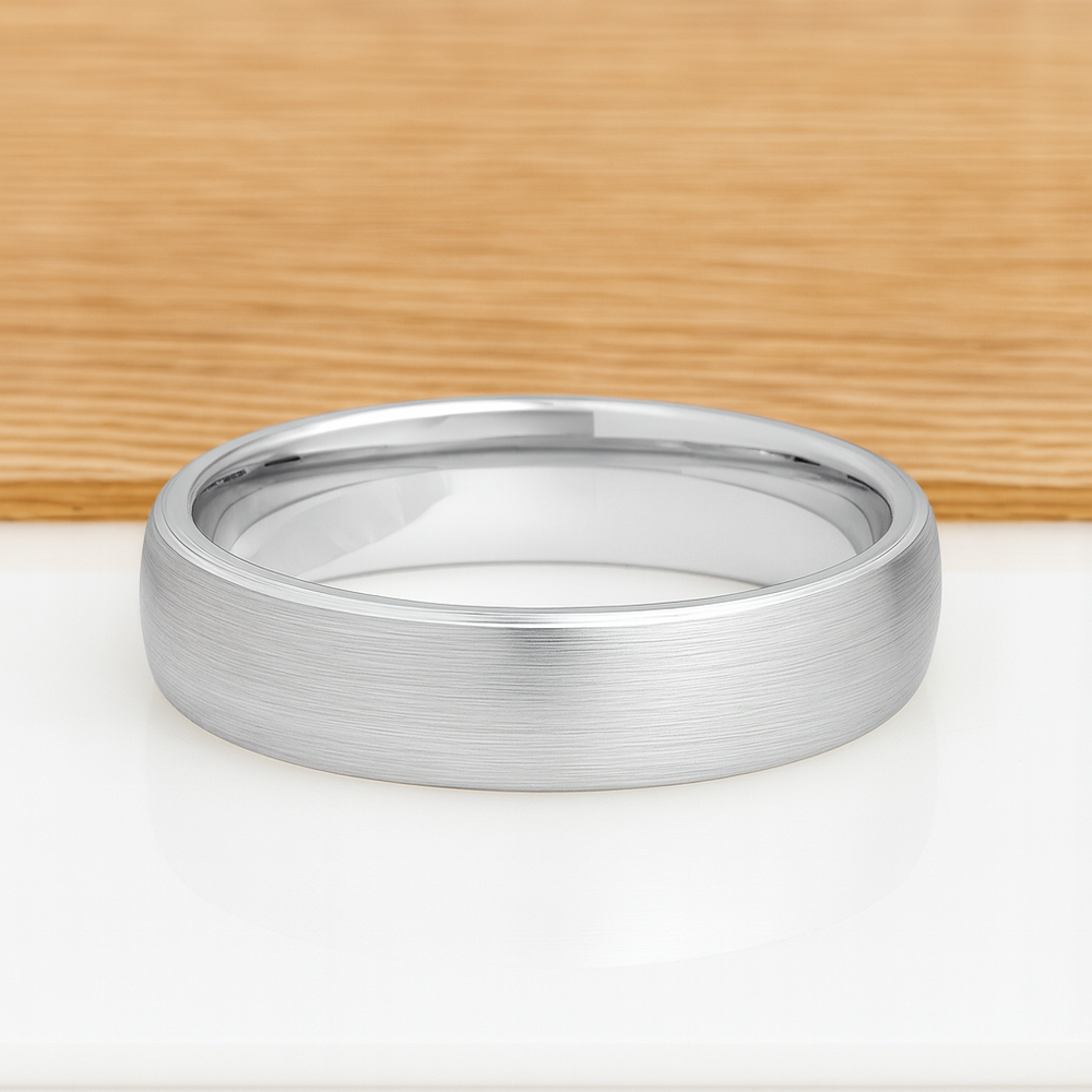 White Silver Platinum-Like Finish Tungsten Brushed Center Ring Domed With Polished Edges - 6mm