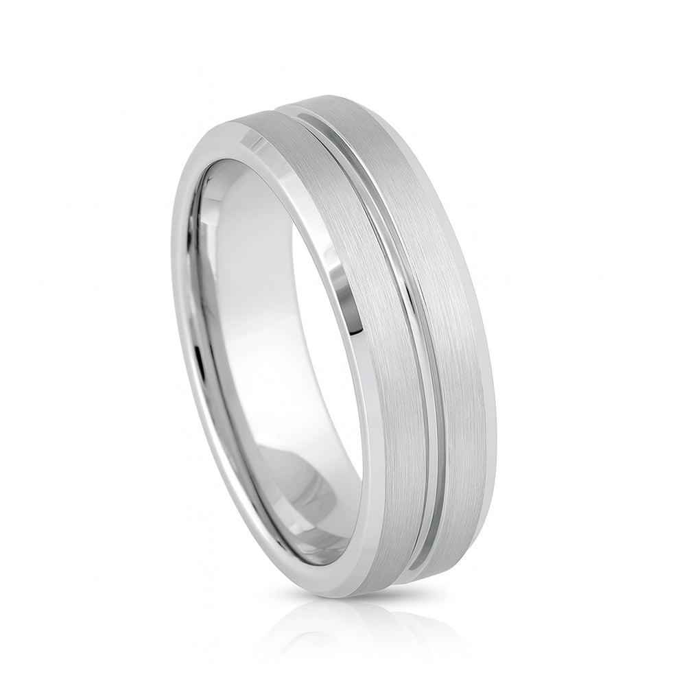 White Silver Platinum-Like Finish Tungsten Carbide Grooved Center Beveled Edged Ring - 8mm