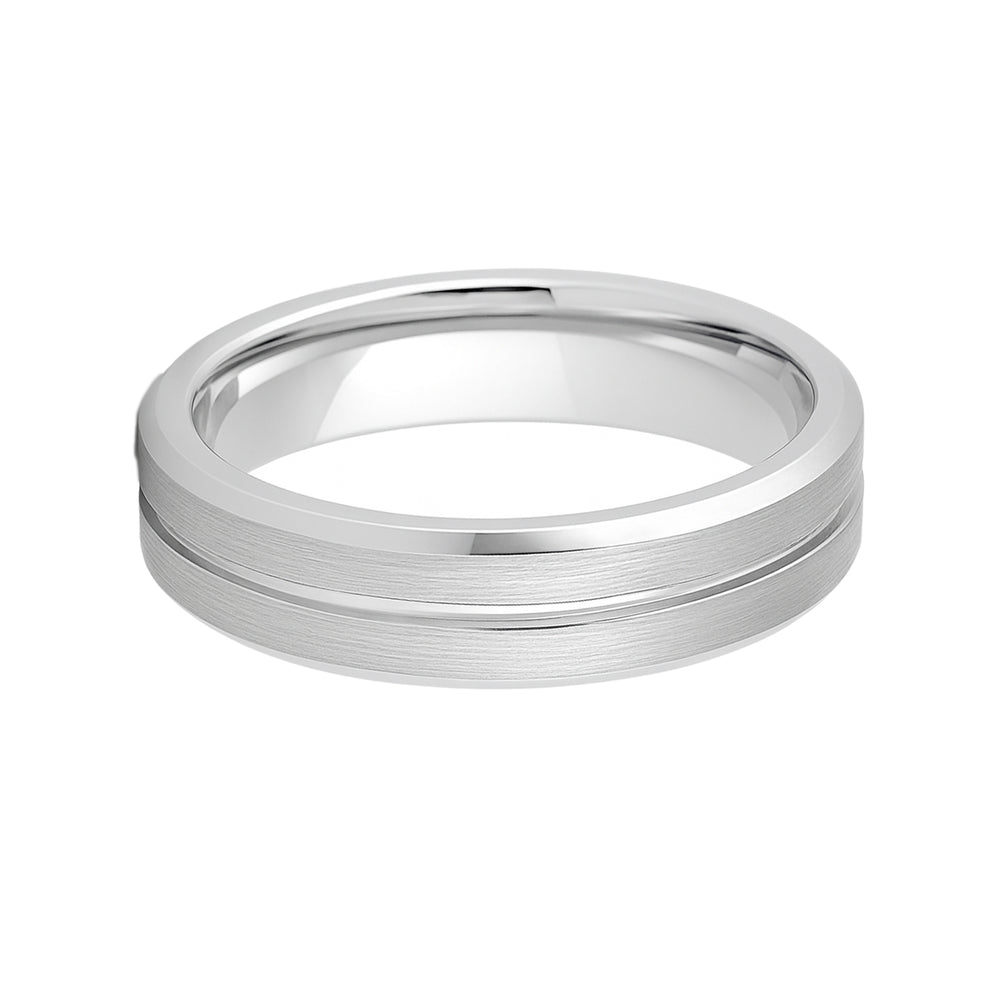 White Silver Platinum-Like Finish Tungsten Carbide Grooved Center Beveled Edged Ring - 6mm
