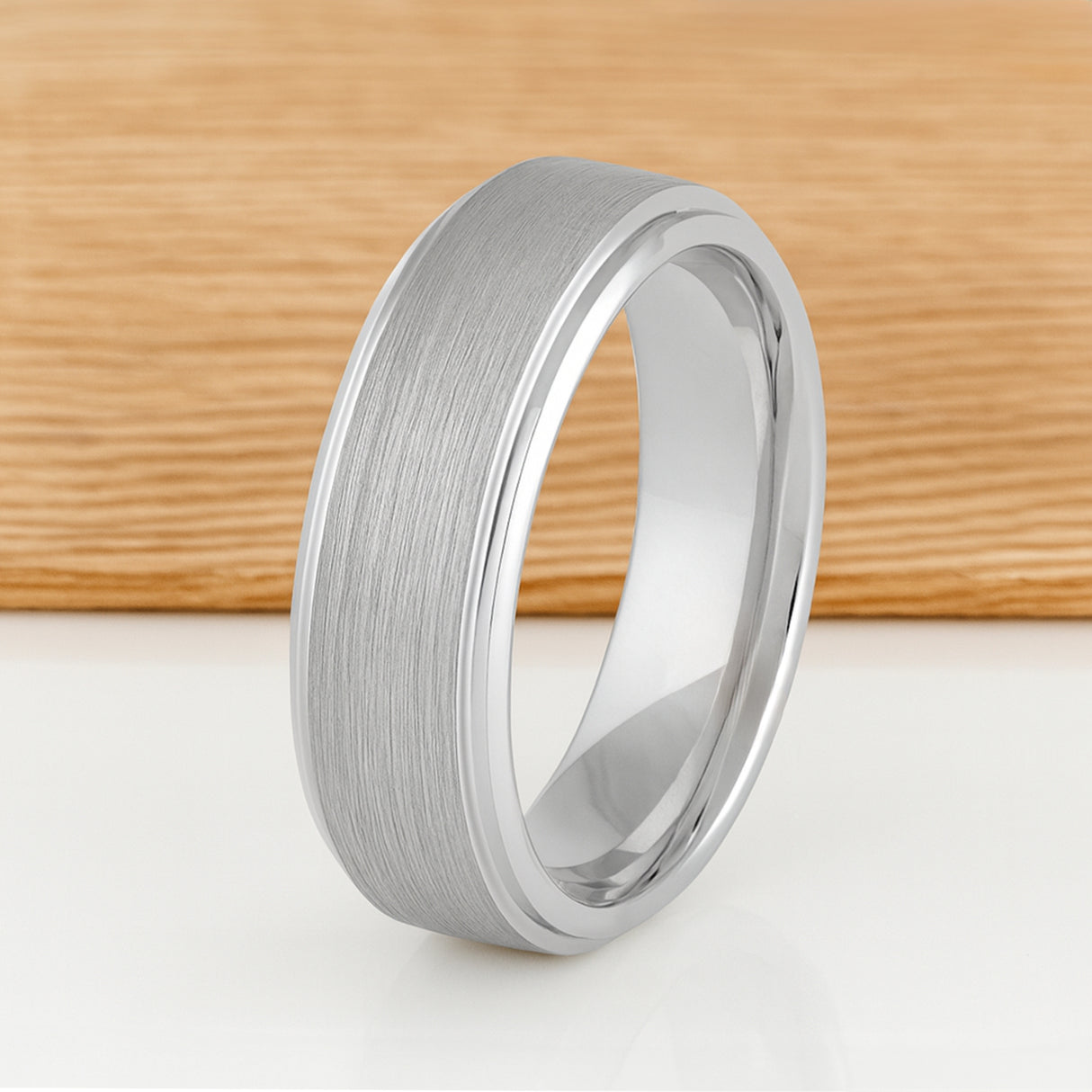 White Silver Platinum-Like FinishTungsten Carbide Ring Stepped Edges And Brushed Center - 8mm