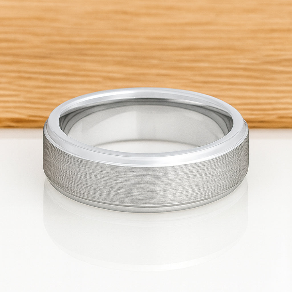 White Silver Platinum-Like FinishTungsten Carbide Ring Stepped Edges And Brushed Center - 8mm