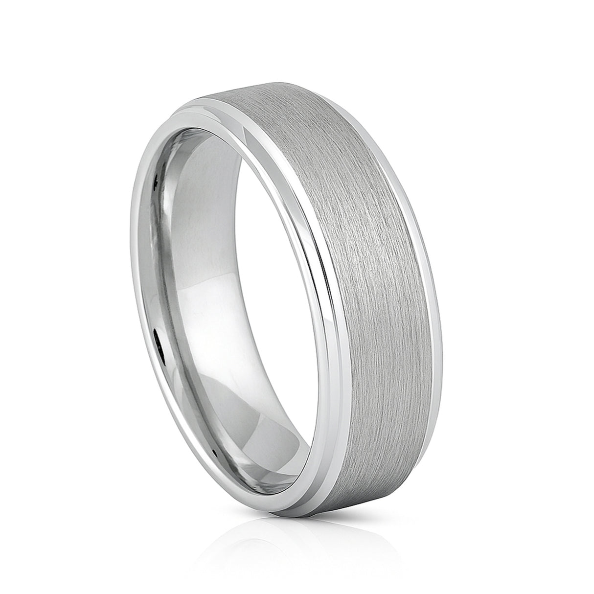 White Silver Platinum-Like FinishTungsten Carbide Ring Stepped Edges And Brushed Center - 8mm