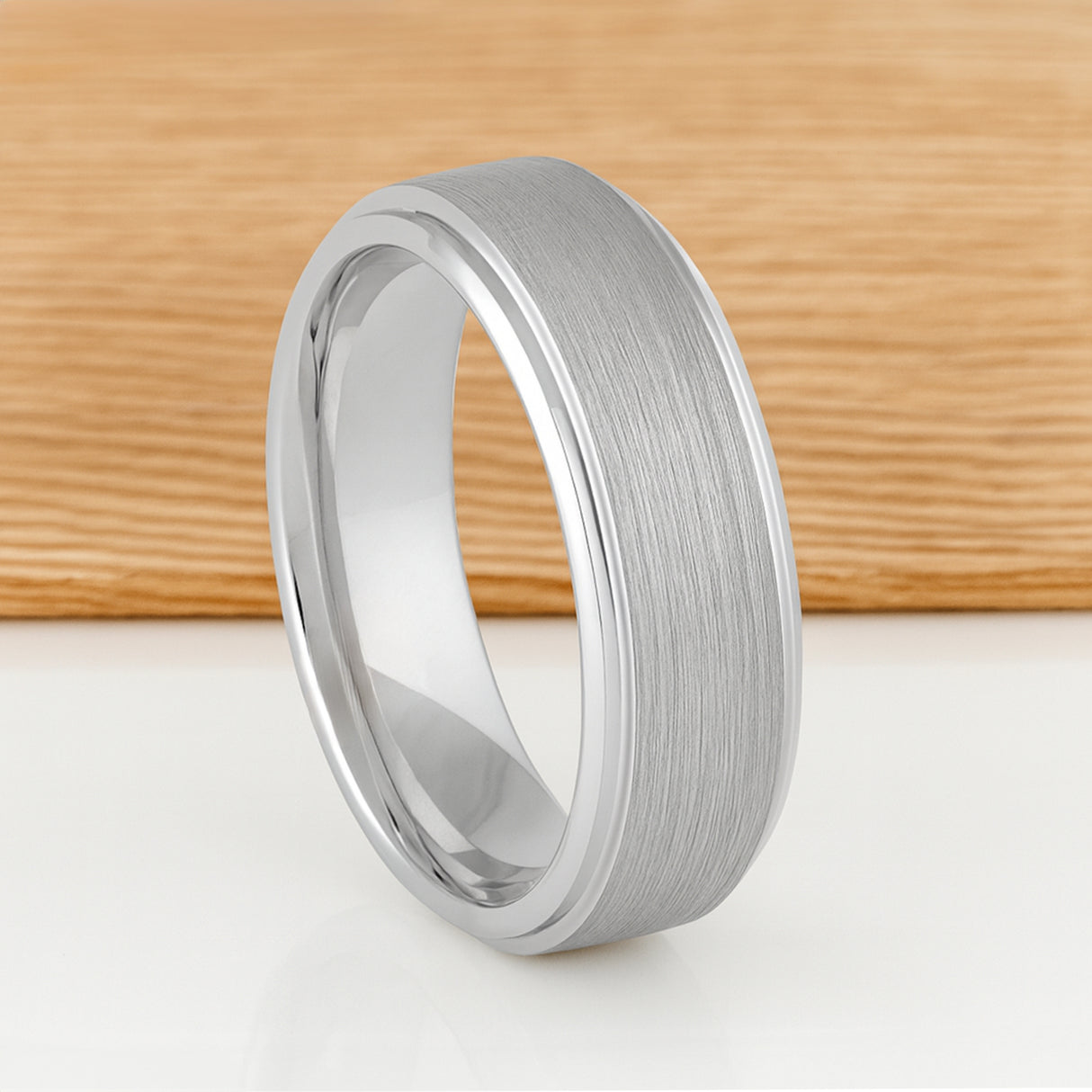 White Silver Platinum-Like FinishTungsten Carbide Ring Stepped Edges And Brushed Center - 8mm