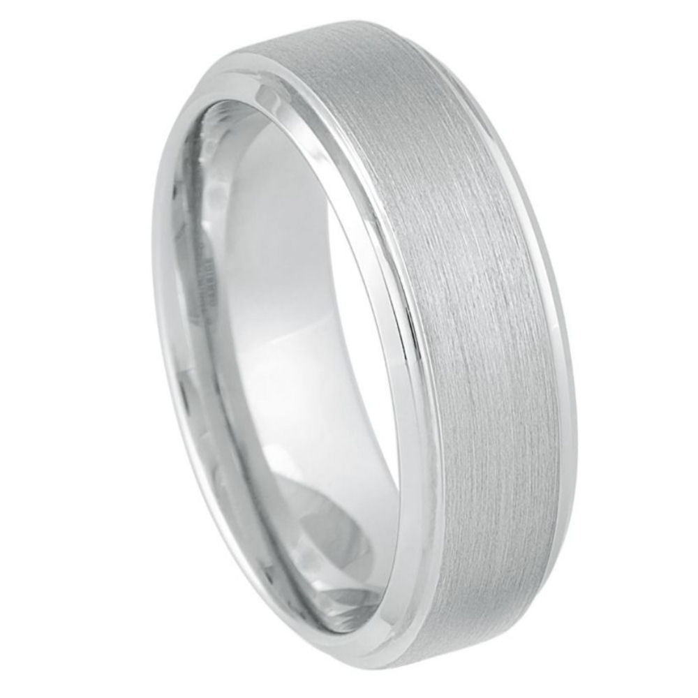 White Silver Platinum-Like FinishTungsten Carbide Ring Stepped Edges And Brushed Center - 8mm