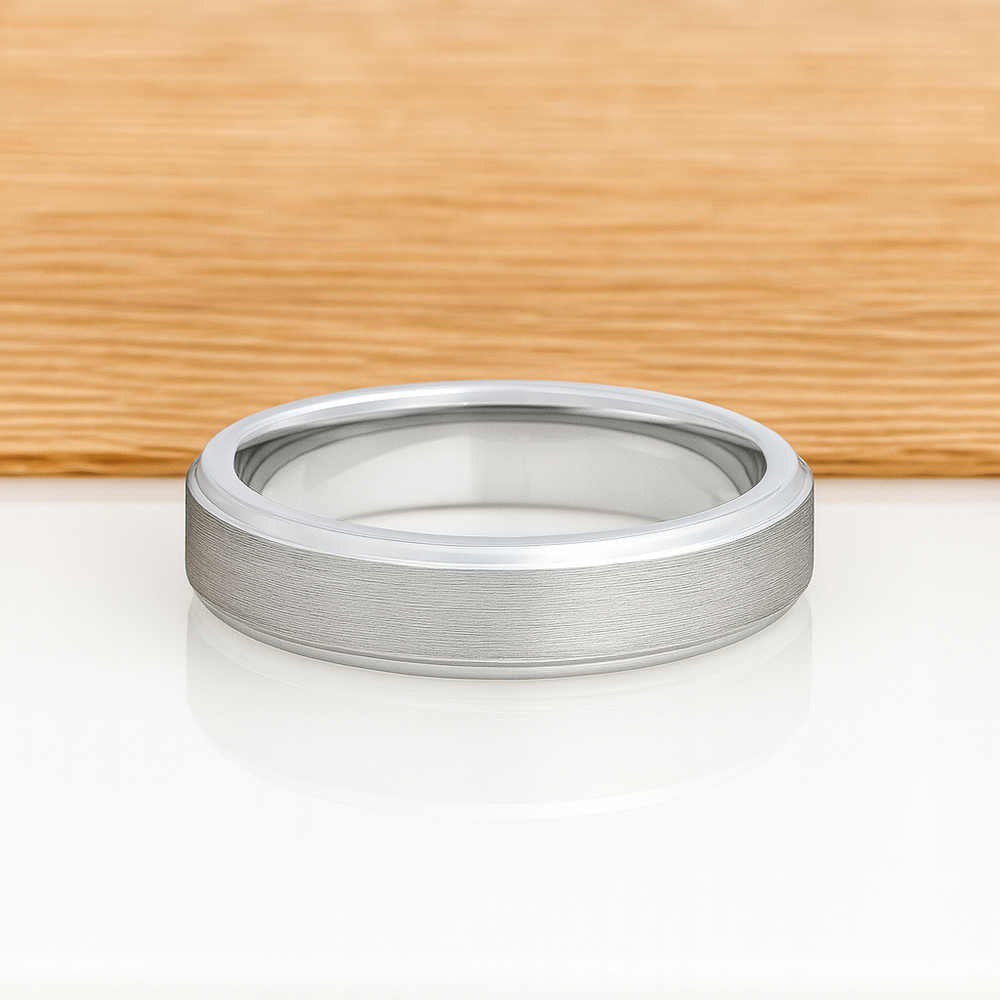 White Silver Platinum-Like Finish Tungsten Carbide Ring Stepped Edges And Brushed Center - 6mm