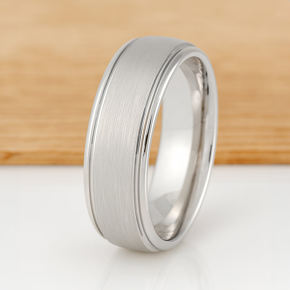 White Silver Platinum-Like Finish Tungsten Carbide Ring Polished Ridged Edges Brushed Center - 8mm