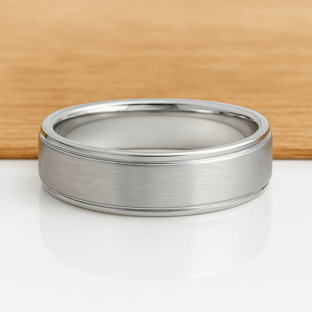 White Silver Platinum-Like Finish Tungsten Carbide Ring Polished Ridged Edges Brushed Center -6mm