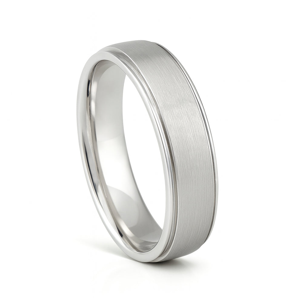 White Silver Platinum-Like Finish Tungsten Carbide Ring Polished Ridged Edges Brushed Center -6mm
