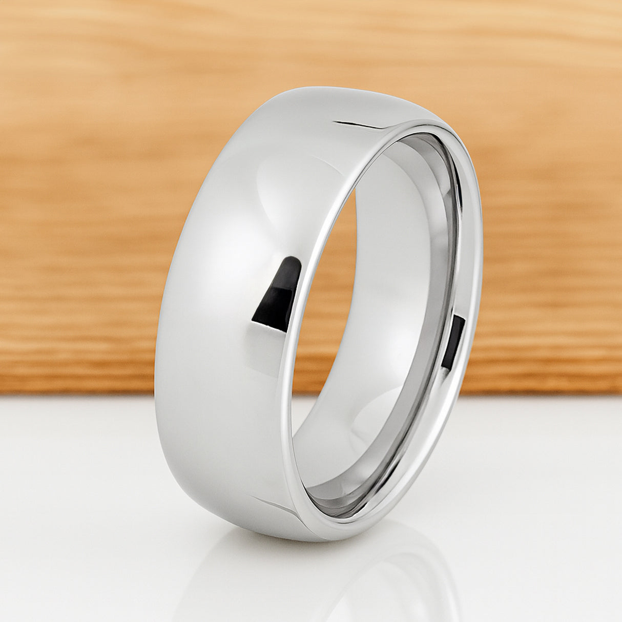 White Silver Platinum-Like Finish Tungsten Carbide Wedding Band Polished Dome Ring - 8mm