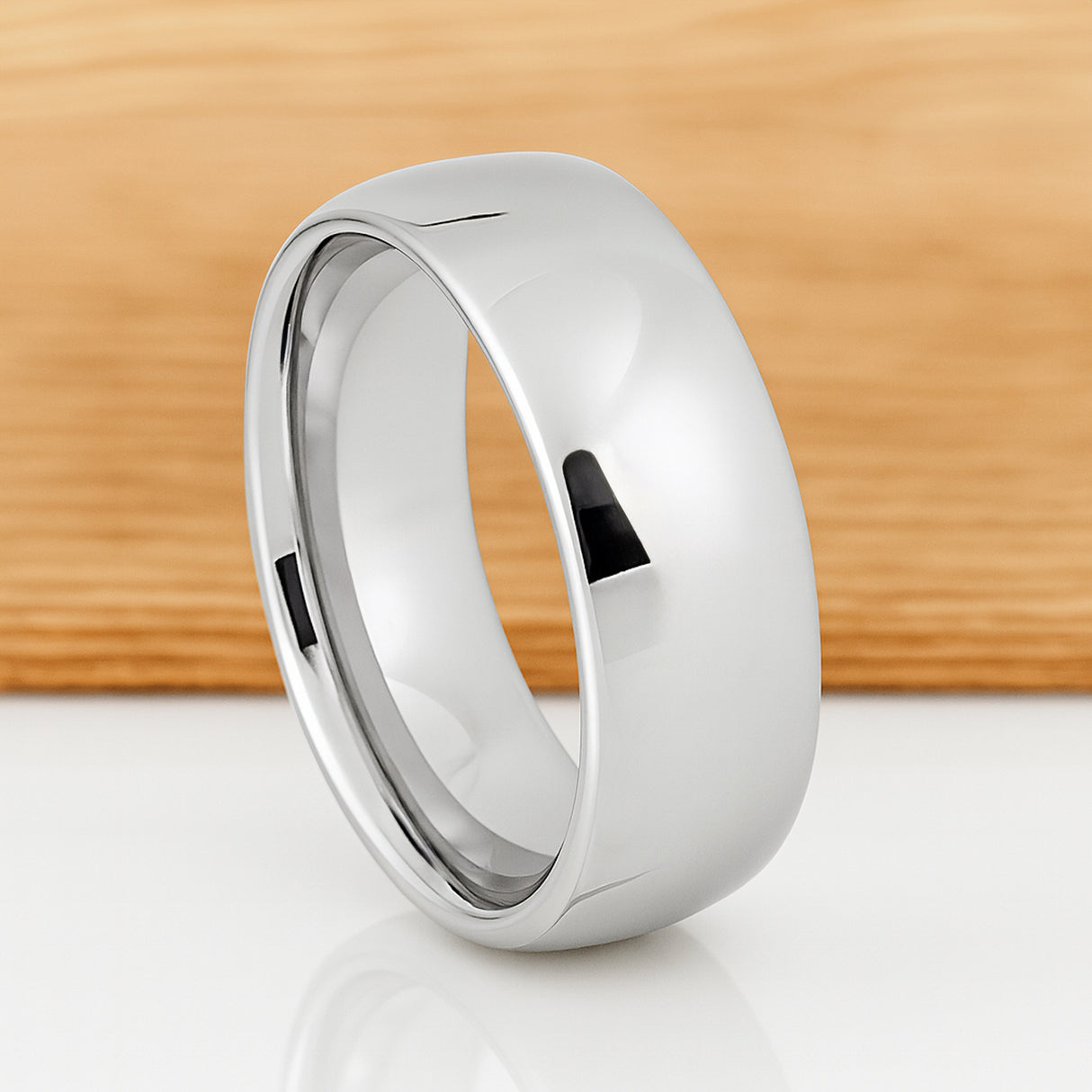 White Silver Platinum-Like Finish Tungsten Carbide Wedding Band Polished Dome Ring - 8mm