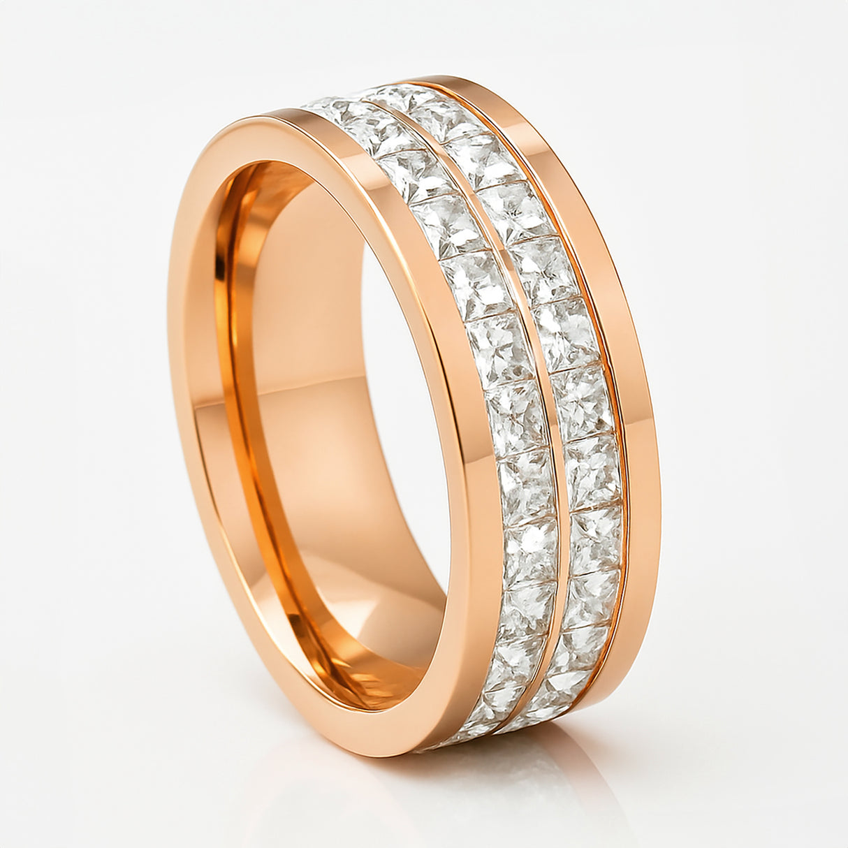 8mm - Mens Titanium Rose Gold Ring IP Plated Flat Top Double Row Princess Cut