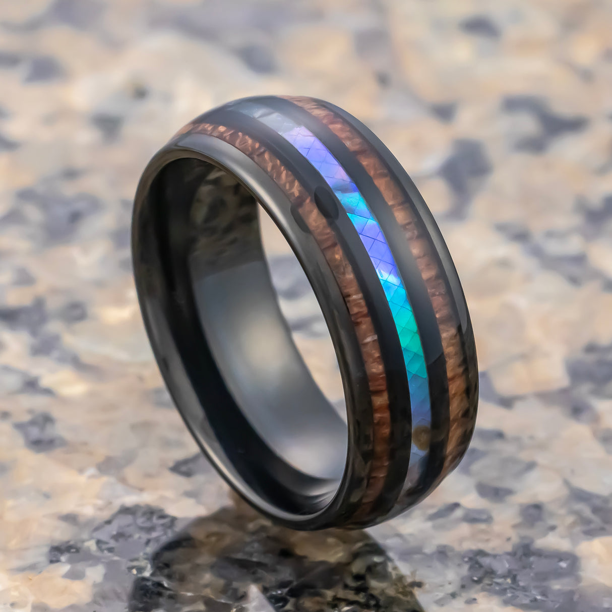 8mm Black Tungsten Real Koa Wood Double Wood Ring W/ Abalone Shell