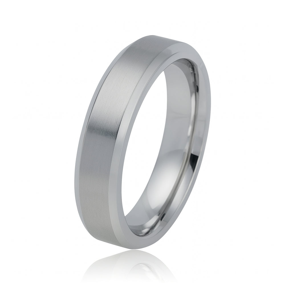 Silver Titanium Ring Brushed Center With Beveled Edges - 7mm