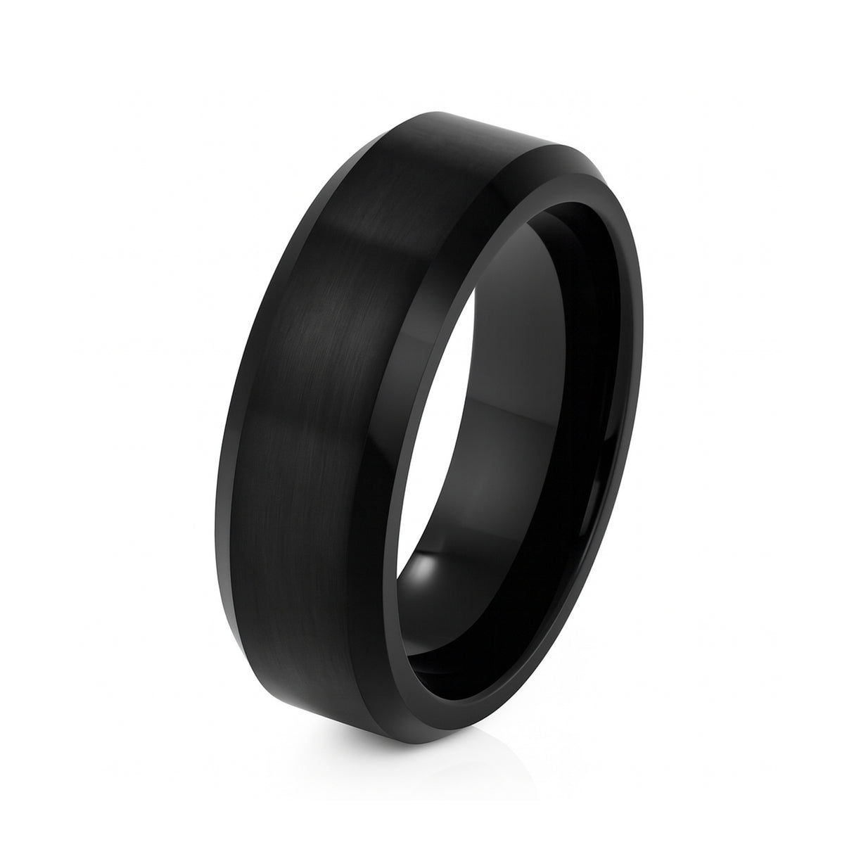 Black Titanium Ring Brushed Center Beveled Edges 8mm