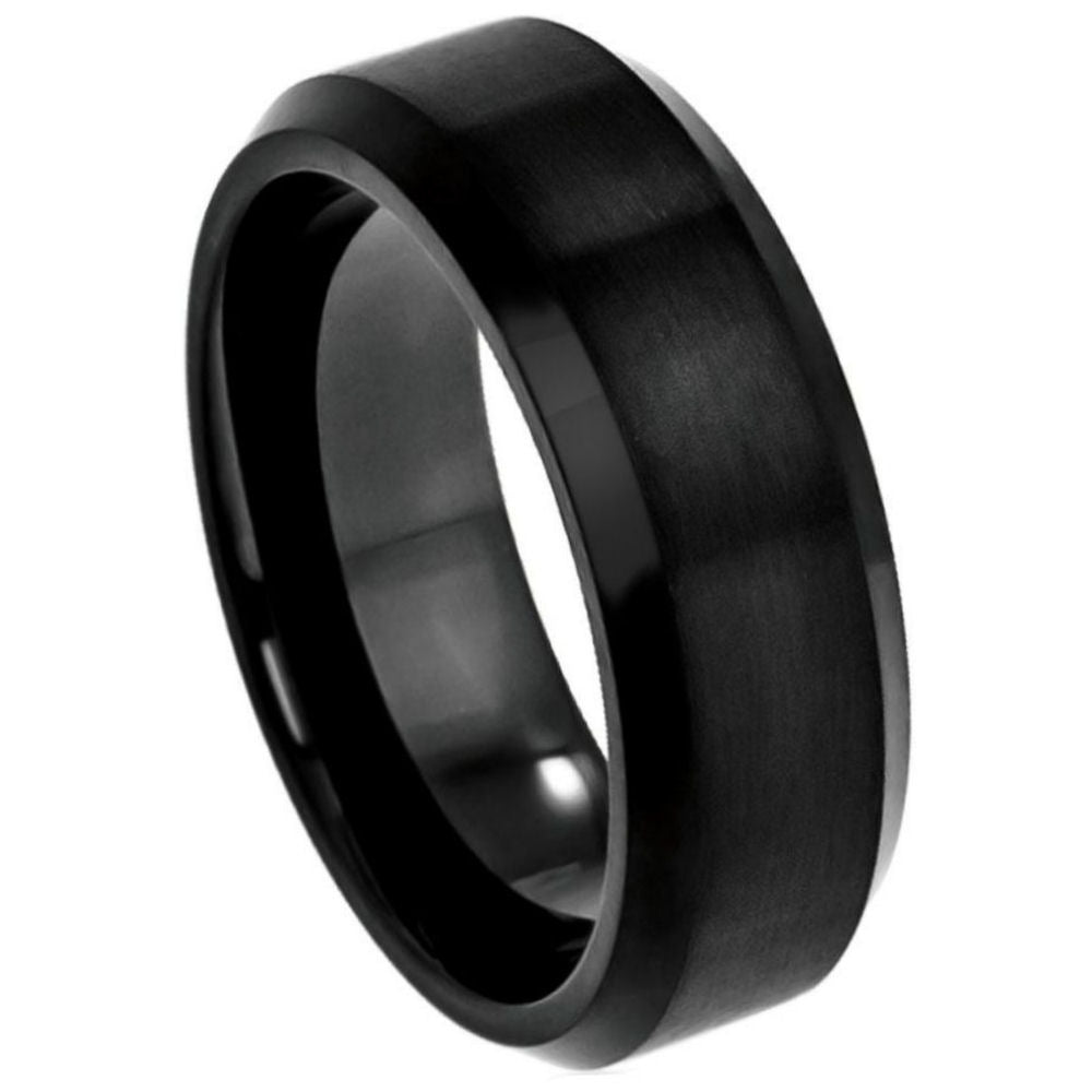 Black Titanium Ring Brushed Center Beveled Edges 8mm