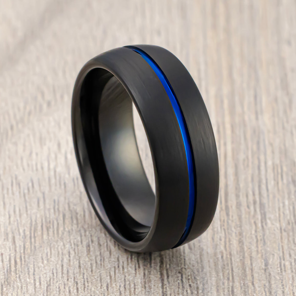 8mm Mens Black Tungsten Carbide Ring With Blue Groove Brushed Center Dome