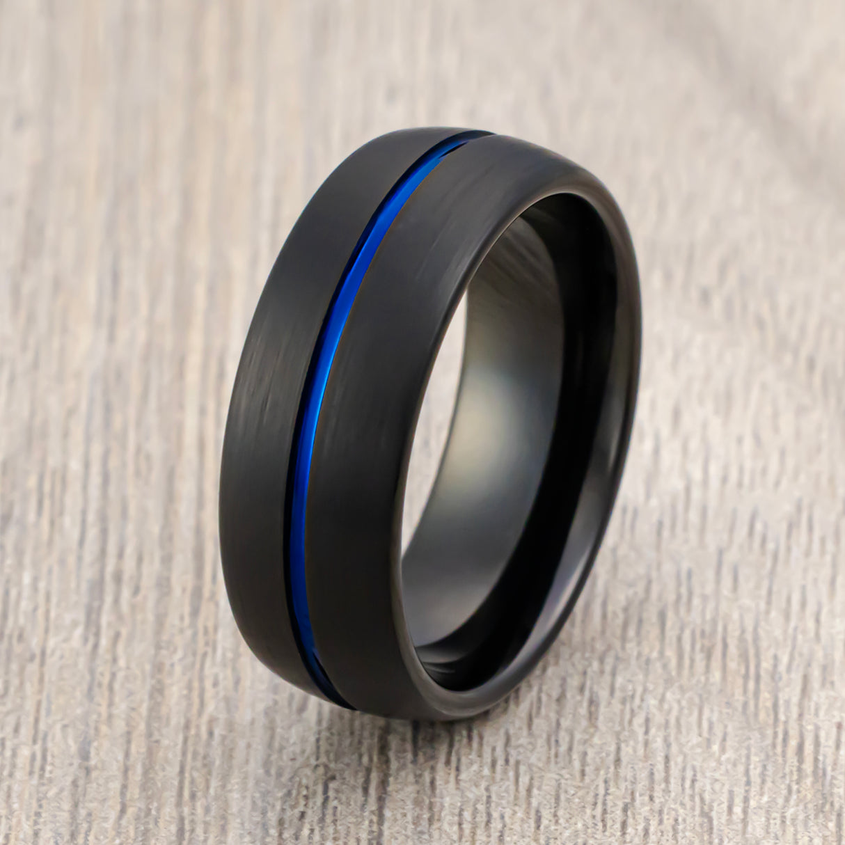 8mm Mens Black Tungsten Carbide Ring With Blue Groove Brushed Center Dome