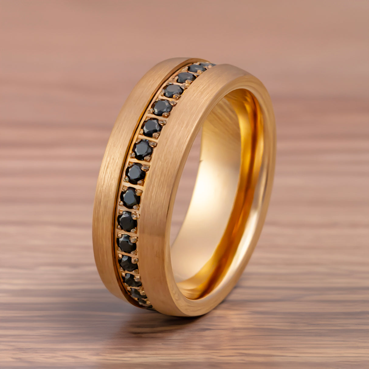 8mm Rose Gold Tungsten Wedding Band With Black Sapphires
