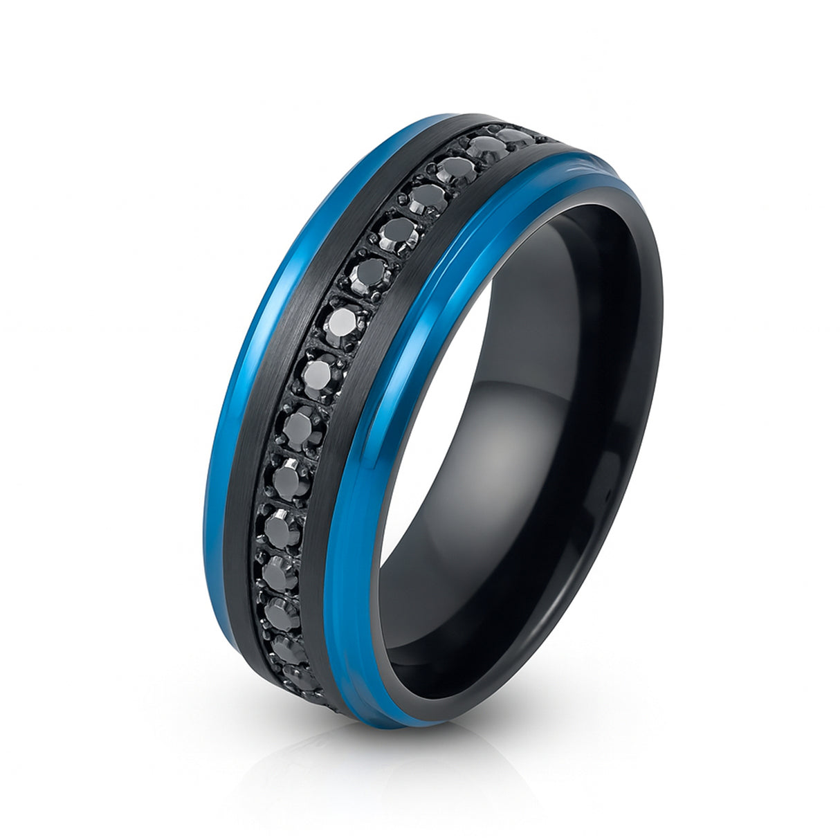 BRUSHED BLACK Tungsten RING, Blue Stepped EDGES, BLACK SAPPHIRE ALL AROUND - 8MM