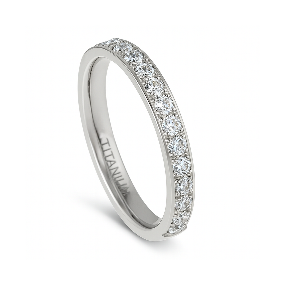 Silver Titanium Ring Half Eternity White Cubic Zircon Diamonds 3mm