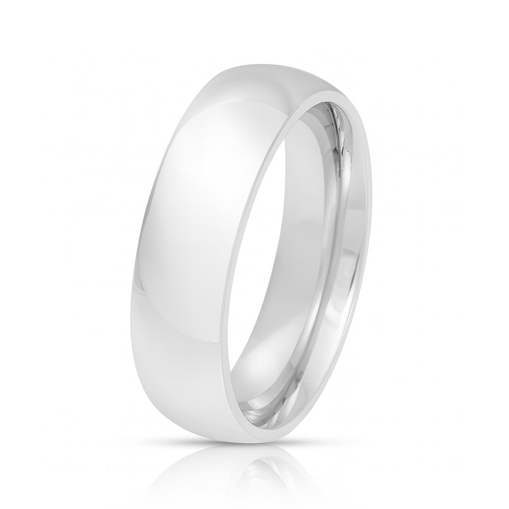Men's Silver Titanium Wedding Band Polished Dome Ring - 6mm